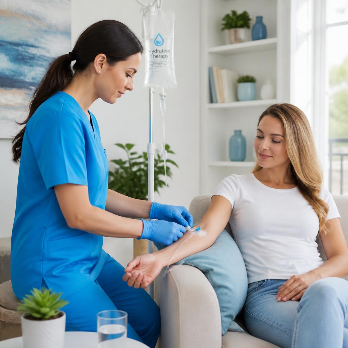 A nurse administering mobile IV hydration therapy to a client at home